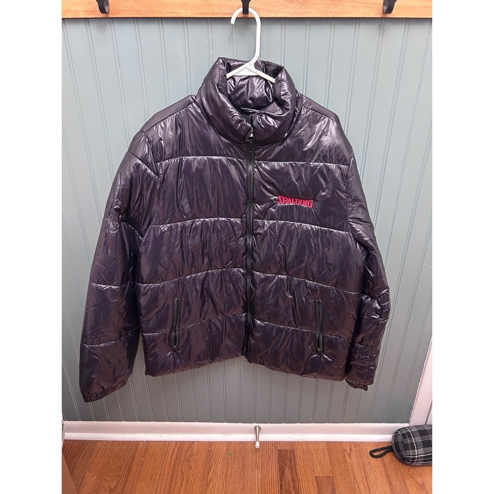 Spalding Puffer Jacket Shiny Black Full Zip‎ Collar Size L